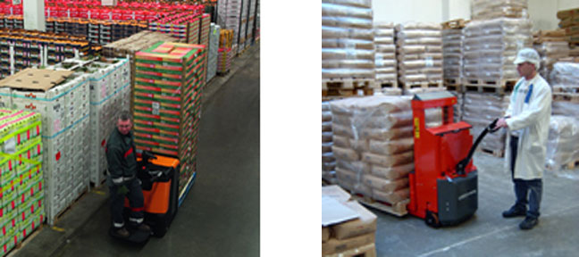 two images of pallet trucks in a plant